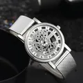 Silver镂空dial skeleton watch with roman numerals and milanese mesh steel band - Silver