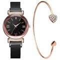 Elegantes Set aus roségoldener Uhr mit Sternenzifferblatt und passendem Herzarmband - Schwarze Uhr + Armband