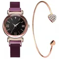 Nahaufnahme von Sternenhimmel-Uhr mit Magnetband und herzförmigem Diamantarmband-Set - Lila Uhr Und Armband