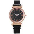 Women's rose gold watch with black starry dial and Milanese mesh band set - Black