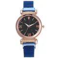 Women's rose gold starry sky dial watch with blue magnetic mesh bracelet band - Blue
