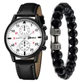 Detalle del reloj de hombre Geneva con correa de cuero y pulsera de cuentas de pesas - Correa Negra Esfera Blanca + Pulsera