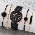 Schwarzes Quarzuhren-Set mit Roségoldgehäuse, Silikonarmband und vier passenden Armbändern - Mehrlagiges Armband-Uhr-Set (Schwarz)