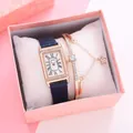 Square rose gold watch with rhinestones and Roman numerals on a blue leather strap with bracelet - Watch Bracelet And Box / Blue