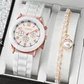 Women's quartz watch with white silicone strap and pearl bracelet gift set in a box - Minimalist Watch Bracelet Set (Off-White)