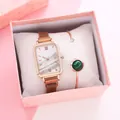 Elegant rose gold square watch with marble dial and matching green stone bracelet in gift box - White Watch Bracelet Gift Box Set