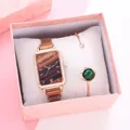 Rose gold mesh watch and malachite bangle set in a pink marble gift box case - Brown Watch Bracelet Gift Box Set