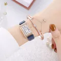Detail of square rose gold watch with rhinestone bezel and star charm bracelet set - Watch And Bracelet / Blue