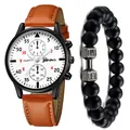 Reloj de cuarzo para hombre con correa de cuero marrón y set de pulsera de cuentas pesa - Correa Marrón Esfera Blanca + Pulsera