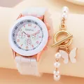 Women's white quartz watch with silicone strap and pearl bracelet jewelry gift set - Pearl Decor Watch Bracelet Set (Ivory White)