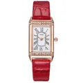 Elegant women's square rose gold watch with rhinestones and a red leather strap - Single Watch / Red