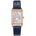 Detail of square rose gold watch with rhinestone bezel and blue leather strap - Single Watch / Blue