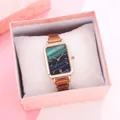 Elegant rose gold rectangular watch with emerald marble dial in a pink gift box - Green Watch Gift Box Set