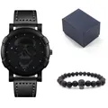 Close-up of black quartz watch with 3D skull relief and matching lava stone bracelet set - Black Style (Includes Bracelet And Gift Box)