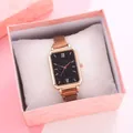 Elegant rose gold square watch with black starry dial in a marble patterned gift box - Black Watch Gift Box Set