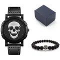 Men's hip hop watch set with skull dial, black leather strap, and beaded bracelet - Silver Style (Includes Bracelet And Gift Box)