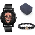 Detail of hip hop watch set with skull dial, lava bead bracelet and gift box - Rose Gold Style (Includes Bracelet And Gift Box)