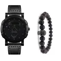 Set orologio hip-hop da uomo con quadrante teschio e bracciale in pietre vulcaniche - Stile Nero (Include Bracciale)