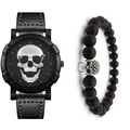 Orologio gotico con teschio e cinturino in pelle con set bracciale in lava nera - Stile Argento (Include Bracciale)