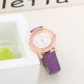 Women's rose gold quartz watch with purple leather strap and floating crystal dial - Purple