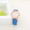 Women's quartz watch with blue leather strap, rose gold case and rhinestone bezel - Blue