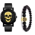 Dettaglio orologio teschio hip hop con cinturino in pelle e set bracciale nero - Stile Oro (Include Bracciale)