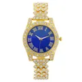Macro view of luxury gold quartz watch with diamond bezel and blue sunray dial - Blue Dial Gold Case