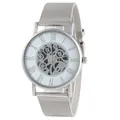 Silver skeletal quartz watch with Milanese mesh strap and Roman numeral markers - Silver