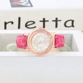 Women's quartz watch with rose gold Roman numeral dial and fuchsia crocodile leather strap - Red