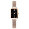 Dettagli del cinturino milanese oro rosa e del quadrante stellato dell'orologio rettangolare - Nero