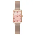 Detail of rose gold rectangular watch with pink mother-of-pearl dial and mesh band - Pink Watch Only