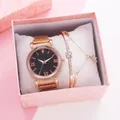 Rose gold starry women watch and star bracelet gift set in a pink textured display box - Watch Bracelet Gift Box / Rose Gold
