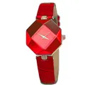 Detail of red geometric faceted dial watch with crystal accents and leather strap - Red