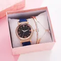 Rose gold watch with starry blue dial and matching zircon bracelet in a marble gift box - Watch Bracelet Gift Box / Blue