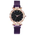 Women's rose gold watch with purple mesh strap, starry sky dial, and rhinestone bezel - Purple