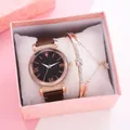 Close-up of women's star dial watch with magnetic mesh band and diamond bracelet in gift box - Watch Bracelet Gift Box / Coffee