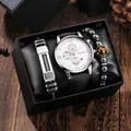 Business-Quarzuhr-Geschenkset mit Genfer Zifferblatt und Perlenarmbändern in einer Box - Uhr Mit Armbändern Und Geschenkbox / Silbernes Gehäuse Weißes Zifferblatt Schwarzes Armband