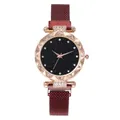 Detail of rose gold starry sky dial with rhinestones and burgundy magnetic mesh strap - Red