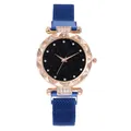 Elegant starry dial women's watch with rhinestone bezel and blue magnetic mesh strap - Blue