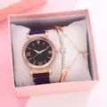 Close-up of women's purple mesh watch and diamond star bracelet in a pink gift box - Watch Bracelet Gift Box / Purple