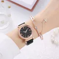 Close-up of starry sky watch with magnetic mesh band and matching star charm bracelet - Watch Bracelet / Black
