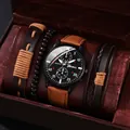 Men's business watch set with brown leather strap, black dial and beaded bracelets - Coffee Strap Black Dial Red Text + Brown Bracelet Set