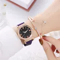Detailed view of purple magnetic mesh band watch and star charm bracelet on wrist - Watch Bracelet / Purple