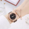 Detail of rose gold starry sky watch and matching rhinestone star bracelet set - Watch Bracelet / Coffee
