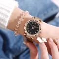 Reloj de cuarzo para mujer en oro rosa con números romanos y pulsera de corazón de cristal - Reloj Y Pulsera / Marrón