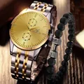 Business men's watch set with two-tone steel band and beaded dumbbell bracelet - Gold Silver Gold Watch And Bracelet