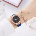 Detail of rose gold starry sky watch with mesh band and matching crystal star bracelet - Watch Bracelet / Blue