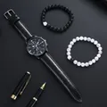 Set regalo orologio da uomo al quarzo con cinturino in pelle nera e due bracciali di perline - Orologio+Bracciale / Nero