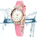 Elegant women's quartz watch with pink leather strap and rhinestone rose gold case - Pink