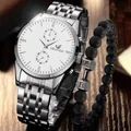Business quartz watch with silver steel band and black matte beaded dumbbell bracelet - Silver Strap White Dial And Bracelets